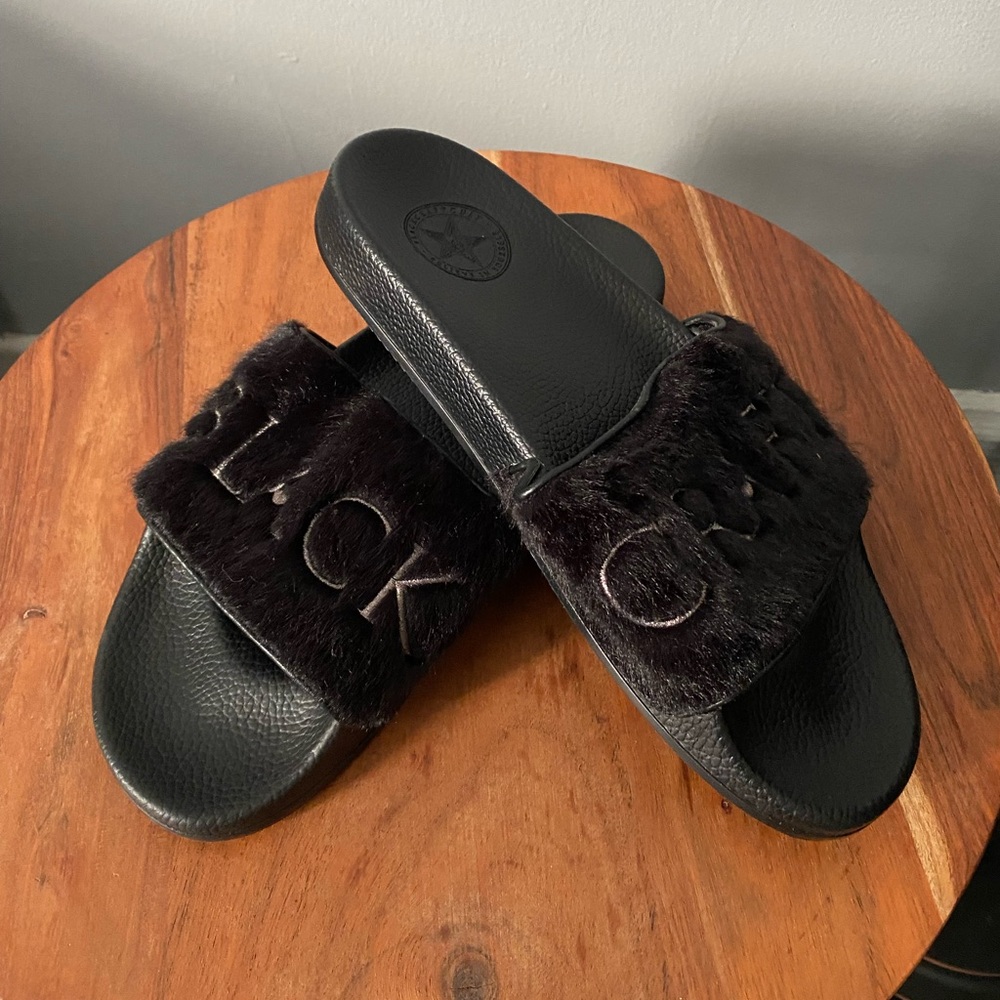 Black Craft Fur Slides W10 NWB - Picture 5 of 5